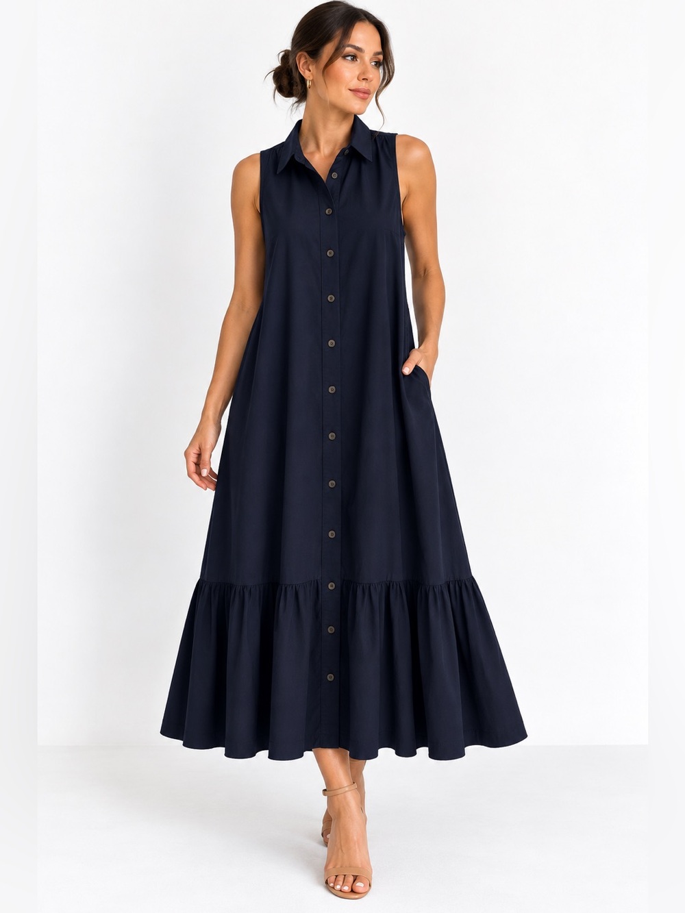 Anthropologie Maeve Paola Flounced Midi Shirt Dress Navy Cotton Size XS